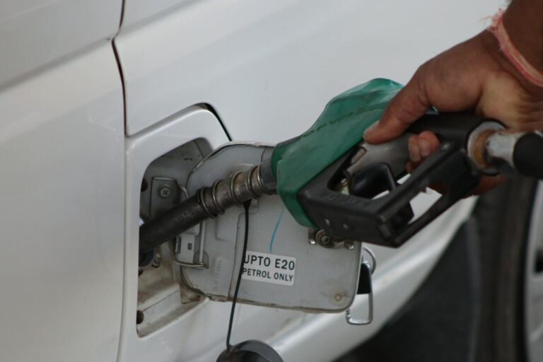 Hand refueling car with E20 petrol at a gas station, close-up view.