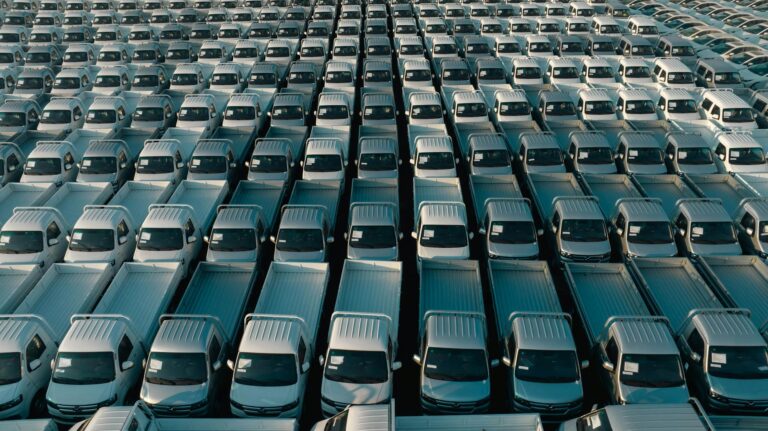 Overhead shot of a large collection of white pickup trucks parked in neat rows, emphasizing industrial scale.