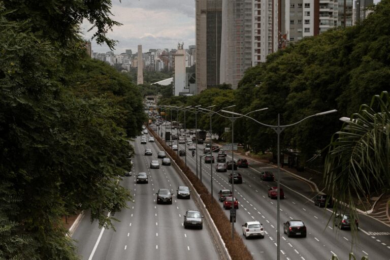 View of a bustling highway surrounded by lush greenery and modern architecture in São Paulo, Brazil.