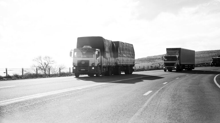 Monochrome shot of trucks on a highway in Buenos Aires, Argentina, capturing urban life.