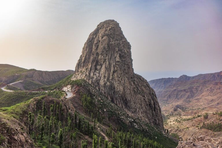 Stunning view of Garajonay rock formation in La Gomera, Spain, against a serene landscape.