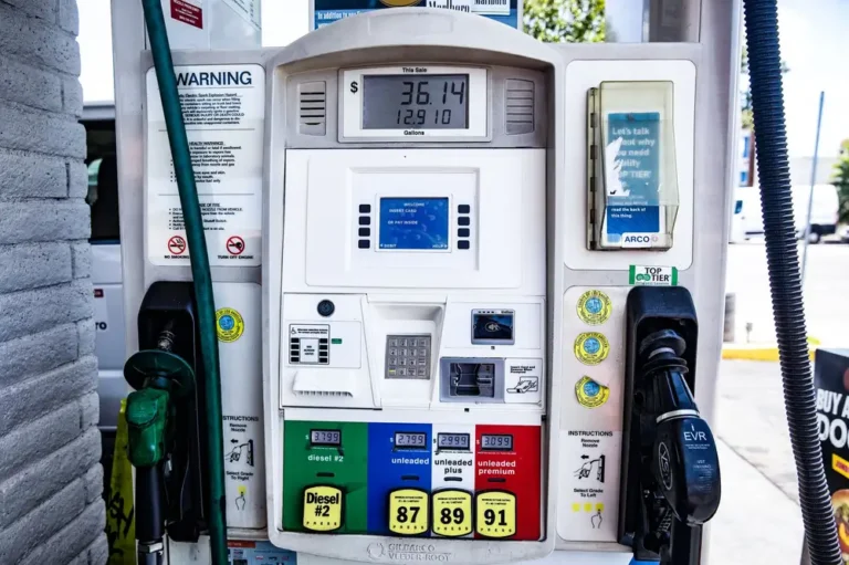 Close-up of a fuel pump showing gasoline and diesel options at a gas station in Los Angeles.