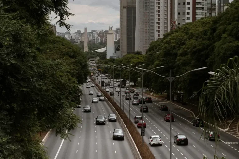 View of a bustling highway surrounded by lush greenery and modern architecture in São Paulo, Brazil.