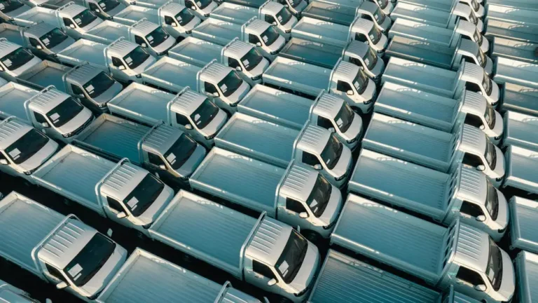 A top-down view of numerous white trucks parked in a grid pattern, showing symmetry and industrial logistics.